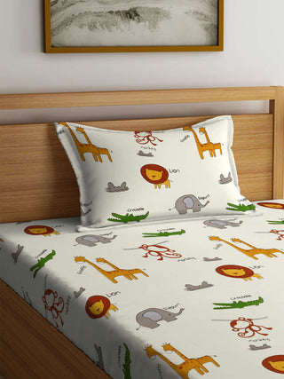 FABINALIV Multicolor Cartoon Print 300 TC Cotton Blend Single Bedsheet with Pillow Cover (225X150 cm)