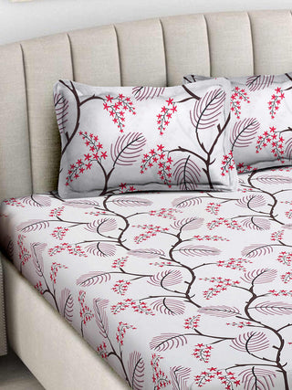 FABINALIV White Floral 300 TC Cotton Blend King Size Fitted Double Bedsheet with 2 Pillow Covers (250X225 cm)