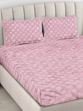 FABINALIV Baby Pink Geometric 300 TC Woollen Embossed King Size Double Bedsheet with 2 Pillow Covers