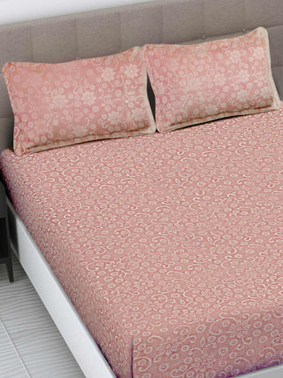 FABINALIV Peach Floral 300 TC Woollen Embossed King Size Double Bedsheet with 2 Pillow Covers