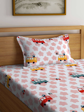 FABINALIV Multicolor Cartoon Print 300 TC Cotton Blend Single Bedsheet with Pillow Cover (225X150 cm)