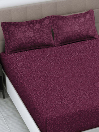 FABINALIV Wine Floral 300 TC Woollen Embossed King Size Double Bedsheet with 2 Pillow Covers (250X225 cm)