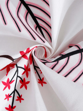 FABINALIV White Floral 300 TC Cotton Blend King Size Fitted Double Bedsheet with 2 Pillow Covers (250X225 cm)