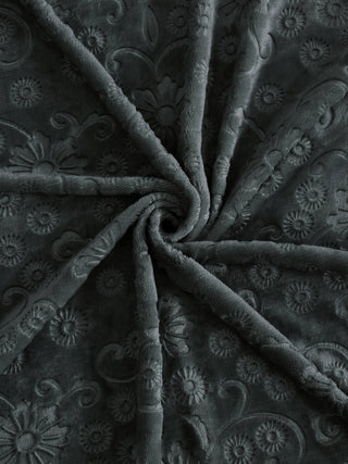 FABINALIV Dark Grey Floral 300 TC Woollen Embossed King Size Fitted Double Bedsheet with 2 Pillow Covers