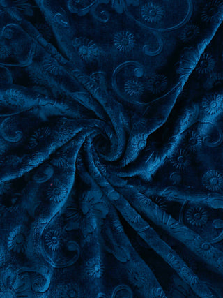 FABINALIV Navy Blue Floral 300 TC Woollen Embossed King Size Fitted Double Bedsheet with 2 Pillow Covers