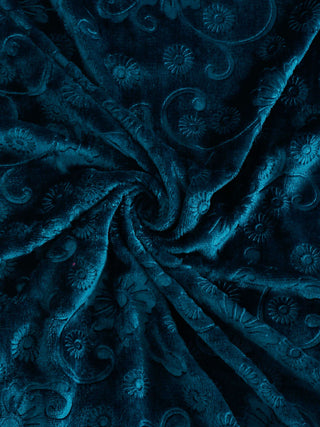 FABINALIV Rama Blue Floral 300 TC Woollen Embossed King Size Fitted Double Bedsheet with 2 Pillow Covers