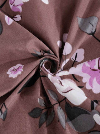 FABINALIV Brown Floral 300 TC Cotton Blend King Size Fitted Double Bedsheet with 2 Pillow Covers (250X225 cm)