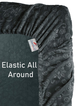 FABINALIV Dark Grey Floral 300 TC Woollen Embossed King Size Fitted Double Bedsheet with 2 Pillow Covers