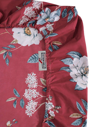 FABINALIV Maroon Floral 300 TC Cotton Blend King Size Fitted Double Bedsheet with 2 Pillow Covers (250X225 cm)