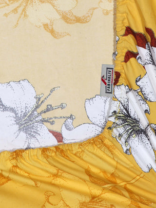 FABINALIV Yellow Floral 300 TC Cotton Blend King Size Fitted Double Bedsheet with 2 Pillow Covers (250X225 cm)