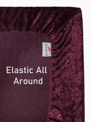FABINALIV Wine Floral 300 TC Woollen Embossed King Size Fitted Double Bedsheet with 2 Pillow Covers
