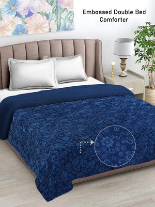 FABINALIV Navy Blue Floral Mild Winter 500 GSM Embossed Woollen Double Bed Comforter