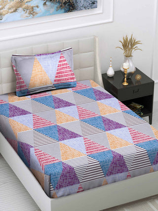 FABINALIV Multicolor Geometric 300 TC Cotton Blend Single Bedsheet with Pillow Cover (225X150 cm)