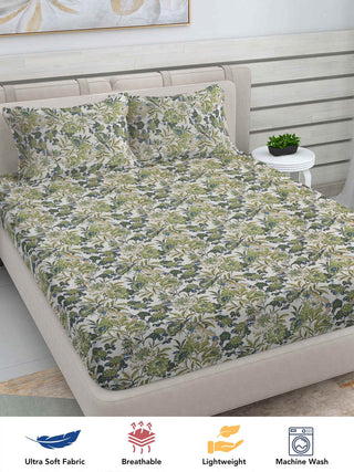 FABINALIV Green Floral 300 TC Cotton Blend King Size Double Bedsheet with 2 Pillow Covers (250X225 cm)