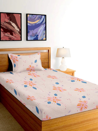 FABINALIV Multicolor Floral 300 TC Cotton Blend Single Bedsheet with Pillow Cover (225X150 cm)