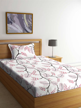 FABINALIV White Floral 300 TC Cotton Blend Single Bedsheet with Pillow Cover (225X150 cm)