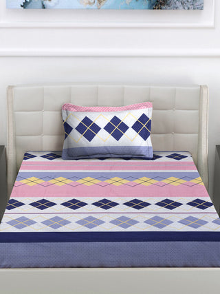 FABINALIV Multicolor Geometric 300 TC Cotton Blend Single Bedsheet with Pillow Cover (225X150 cm)