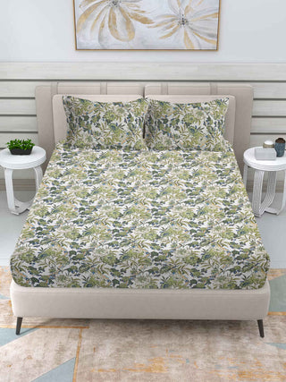 FABINALIV Green Floral 300 TC Cotton Blend King Size Double Bedsheet with 2 Pillow Covers (250X225 cm)