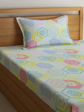 FABINALIV Multicolor Geometric 300 TC Cotton Blend Single Bedsheet with Pillow Cover (225X150 cm)