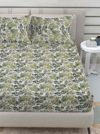 FABINALIV Green Floral 300 TC Cotton Blend King Size Fitted Double Bedsheet with 2 Pillow Covers (250X225 cm)