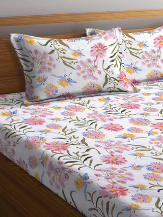 FABINALIV Multicolor Floral 300 TC Cotton Blend Super King Size Fitted Double Bedsheet with 2 Pillow Covers (270X270 cm)