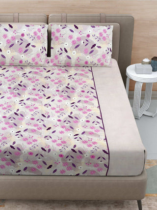 FABINALIV Pink Floral 300 TC 100% Cotton Super King Size Double Bedsheet with 2 Pillow Covers (270X270 cm)