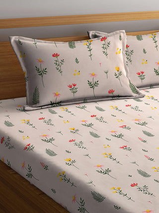 FABINALIV Peach Floral 300 TC Cotton Blend Super King Size Fitted Double Bedsheet with 2 Pillow Covers (270X270 cm)