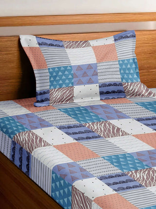 FABINALIV Multicolor Geometric 300 TC Cotton Blend Single Bedsheet with Pillow Cover (225X150 cm)