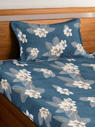 FABINALIV Blue Floral 300 TC Cotton Blend Single Bedsheet with Pillow Cover (225X150 cm)