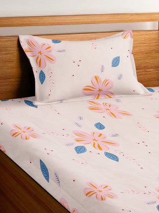 FABINALIV Multicolor Floral 300 TC Cotton Blend Single Bedsheet with Pillow Cover (225X150 cm)