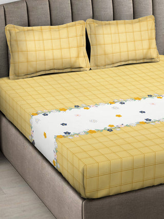 FABINALIV Yellow Geometric 300 TC Cotton Blend King Size Fitted Double Bedsheet with 2 Pillow Covers (250X225 cm)