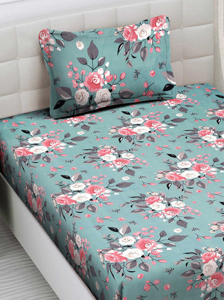 FABINALIV Turquoise Floral 300 TC Cotton Blend Single Bedsheet with Pillow Cover (225X150 cm)