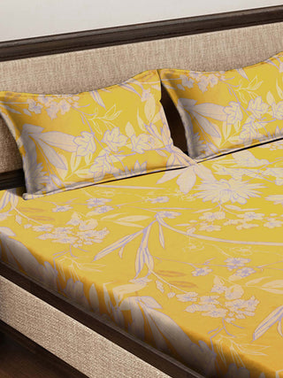 FABINALIV Yellow Floral 300 TC Cotton Blend King Size Fitted Double Bedsheet with 2 Pillow Covers (250X225 cm)