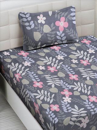 FABINALIV Multicolor Floral 300 TC Cotton Blend Single Bedsheet with Pillow Cover (225X150 cm)