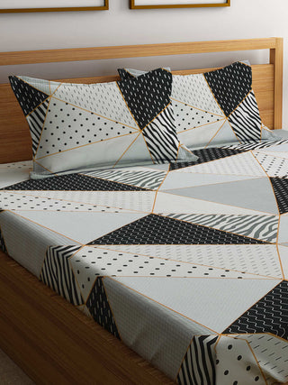 FABINALIV Multicolor Geometric 300 TC Cotton Blend Super King Size Fitted Double Bedsheet with 2 Pillow Covers (270X270 cm)