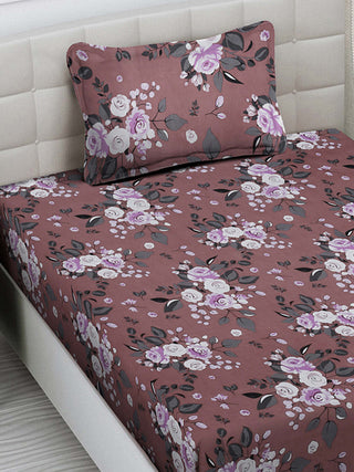 FABINALIV Brown Floral 300 TC Cotton Blend Single Bedsheet with Pillow Cover (225X150 cm)
