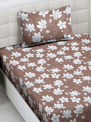 FABINALIV Brown Floral 300 TC Cotton Blend Single Bedsheet with Pillow Cover (225X150 cm)