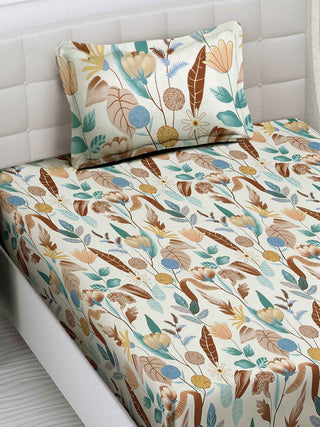 FABINALIV Multicolor Floral 300 TC Cotton Blend Single Bedsheet with Pillow Cover (225X150 cm)