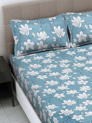 FABINALIV Blue Floral 300 TC Cotton Blend Super King Size Fitted Double Bedsheet with 2 Pillow Covers (270X270 cm)