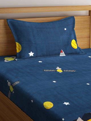 FABINALIV Blue Cartoon Print 300 TC Cotton Blend Single Bedsheet with Pillow Cover (225X150 cm)