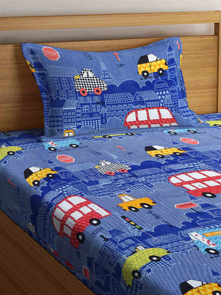 FABINALIV Blue Cartoon Print 300 TC Cotton Blend Single Bedsheet with Pillow Cover (225X150 cm)