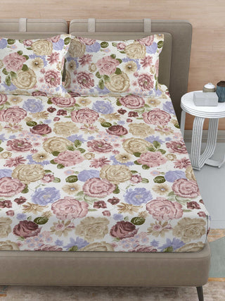 FABINALIV Multicolor Floral 300 TC Cotton Blend Super King Size Double Bedsheet with 2 Pillow Covers (270X270 cm)
