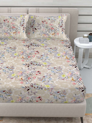 FABINALIV Multicolor Floral 300 TC Cotton Blend King Size Double Bedsheet with 2 Pillow Covers