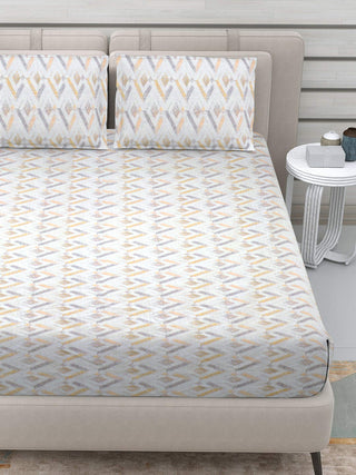 FABINALIV Yellow Geometric 300 TC 100% Cotton King Size Double Bedsheet with 2 Pillow Covers (250X225 cm)