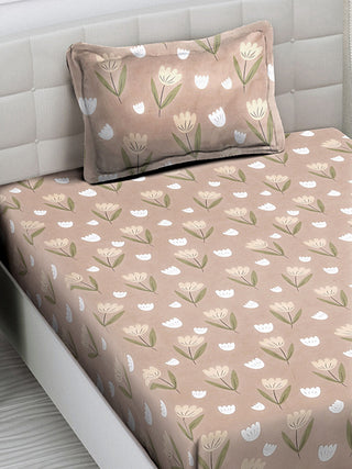 FABINALIV Brown Floral 300 TC Cotton Blend Single Bedsheet with Pillow Cover (225X150 cm)