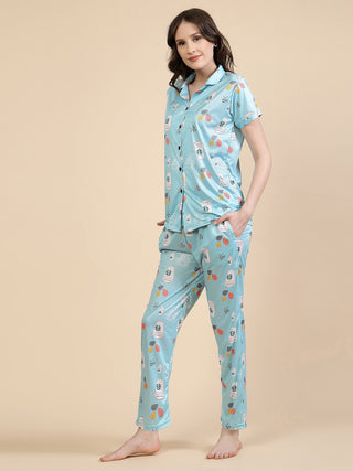 FABINALIV Turquoise Abstract Graphic Printed Women Night Suit