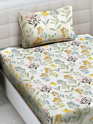 FABINALIV Multicolor Floral 300 TC Cotton Blend Single Bedsheet with Pillow Cover (225X150 cm)