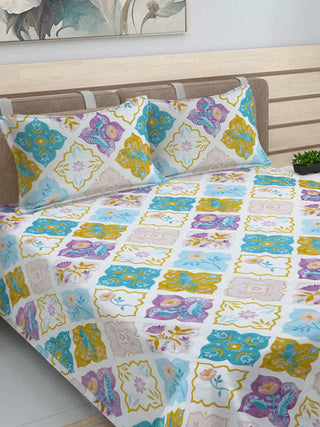 FABINALIV Multicolor Geometric Cotton Blend King Size Ultrasonic Quilted Reversible Double Bedcover with 2 Quilted Pillow Covers (250X225 cm)