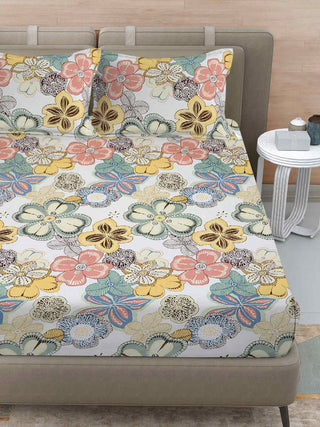 FABINALIV Multicolor Floral 300 TC Cotton Blend Super King Size Double Bedsheet with 2 Pillow Covers (270X270 cm)