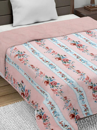 FABINALIV Pink Floral Ultrasonic Quilted Reversible 350 GSM AC Room Single Bed Comforter